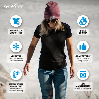 Women's 100% Merino Wool Short Sleeve T-Shirt 180 GSM - Lightweight